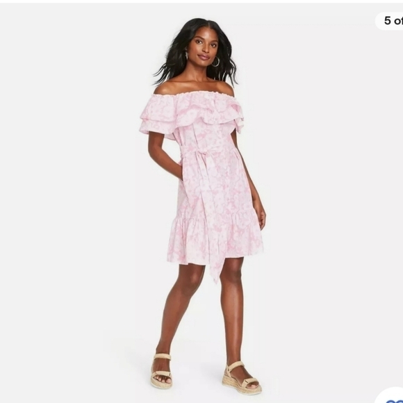 Lisa Marie Fernandez for target pink white ruffle off shoulder dress - Picture 1 of 9